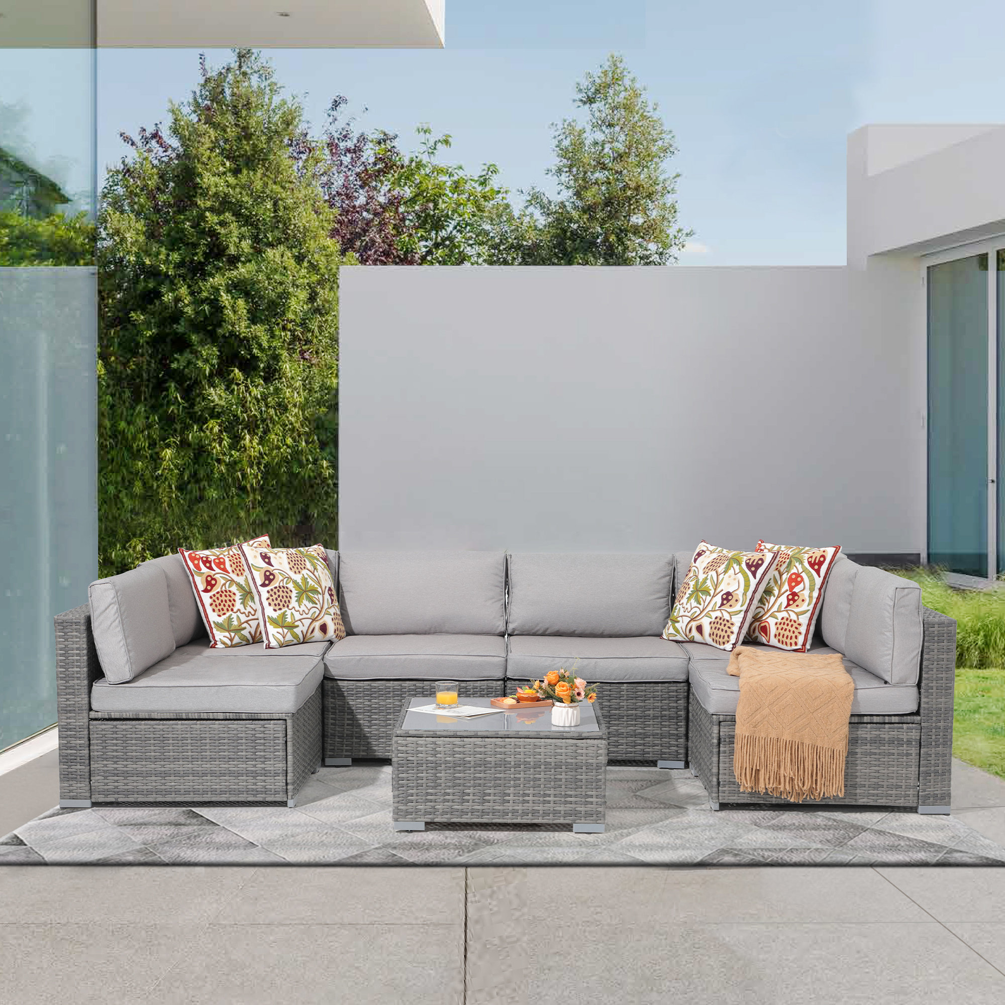 Wade Logan® Algarin 7 Piece Rattan Sectional Seating Group with